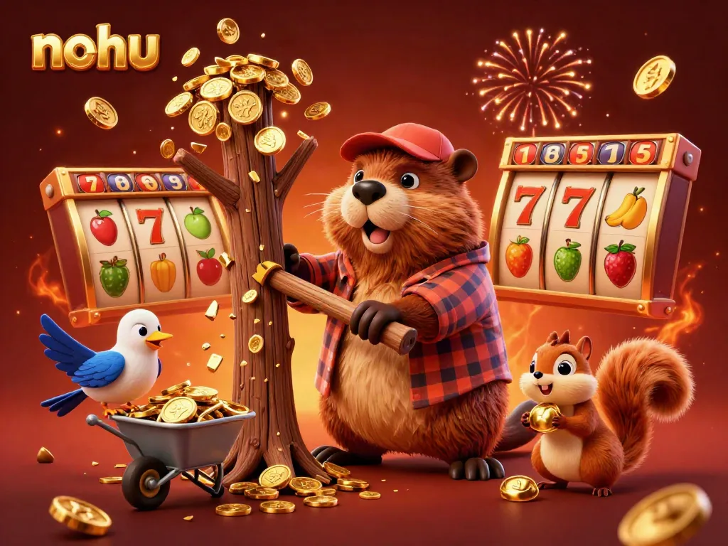 Nohu captivates players with a vibrant illustration of a beaver chopping a coin tree in a lively casino scene.