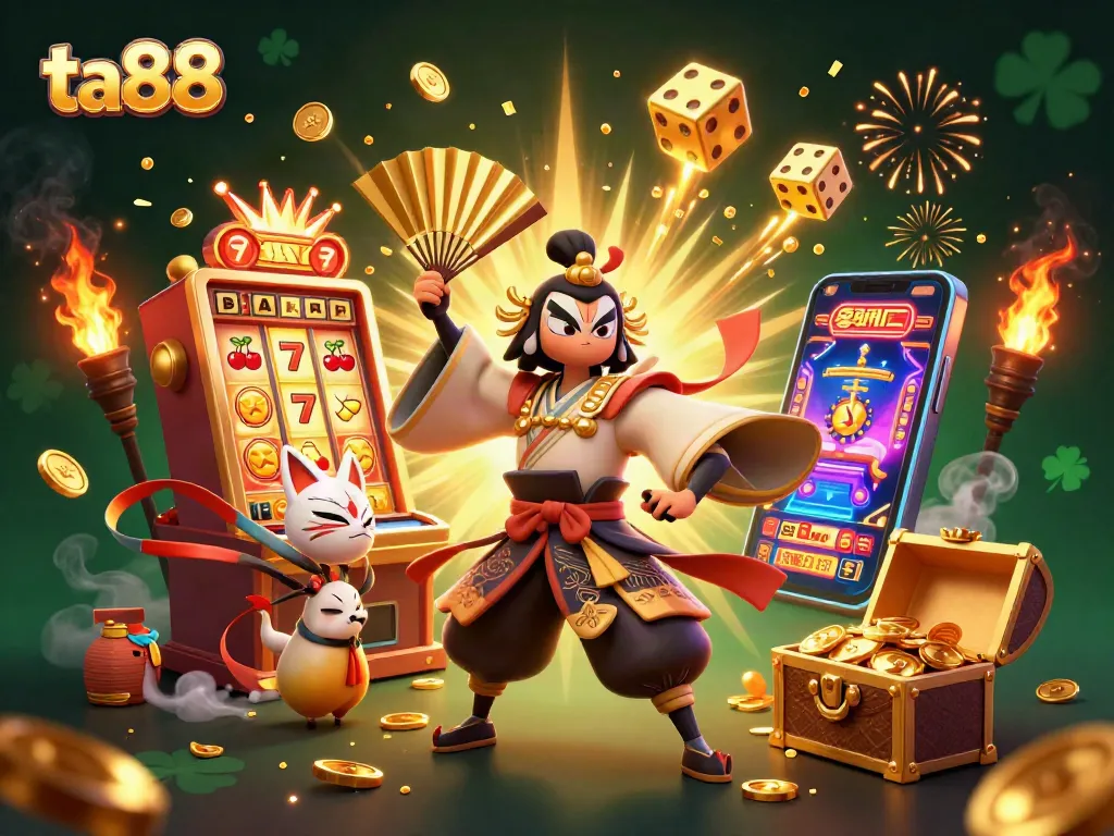 Capture the excitement of ta88 with dynamic characters and casino game elements bursting with energy.