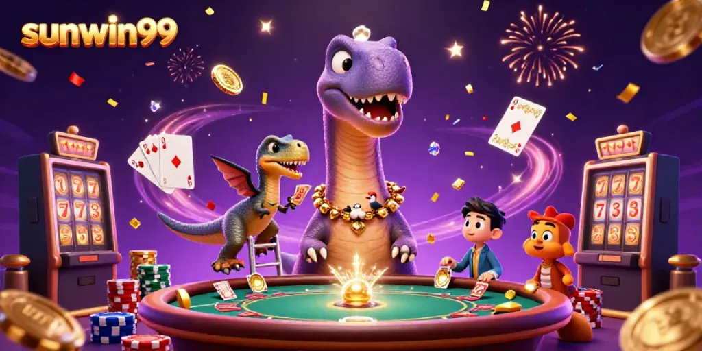 Experience the excitement of sunwin99's massive online casino scene with vibrant characters and magical elements.