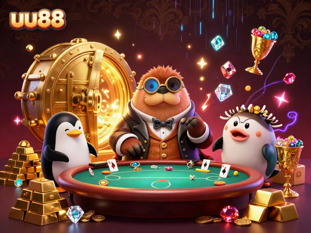 Experience the thrilling underwater poker scene at uu88 with a jolly walrus and undersea characters amidst gold treasures.