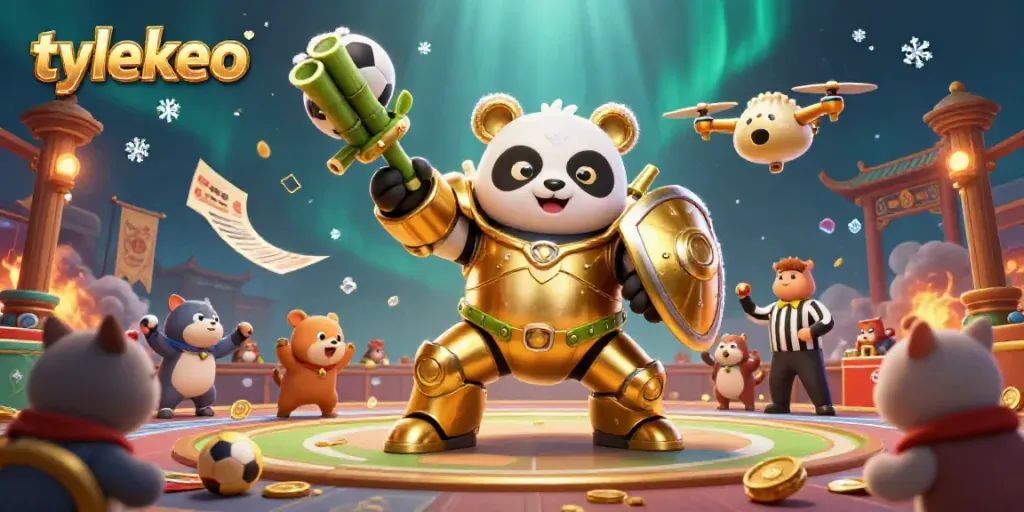 Engage in thrilling sports betting with tylekeo in a vibrant arena featuring a mech-suit panda.