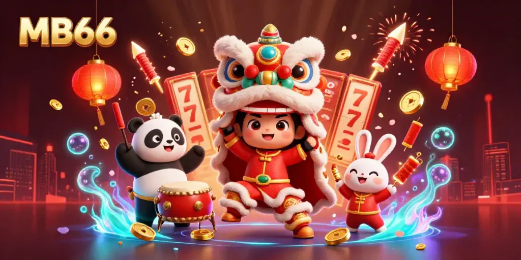 Experience the vibrant excitement of MB66 with a festive casino-themed lion dance promotingslots and games.