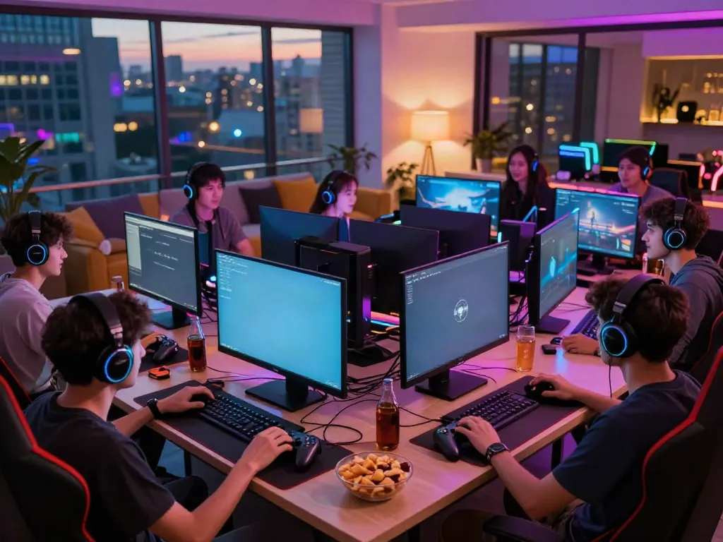 Engaged gamers enjoying multiplayer action on kilat404 platform in a vibrant gaming lounge.