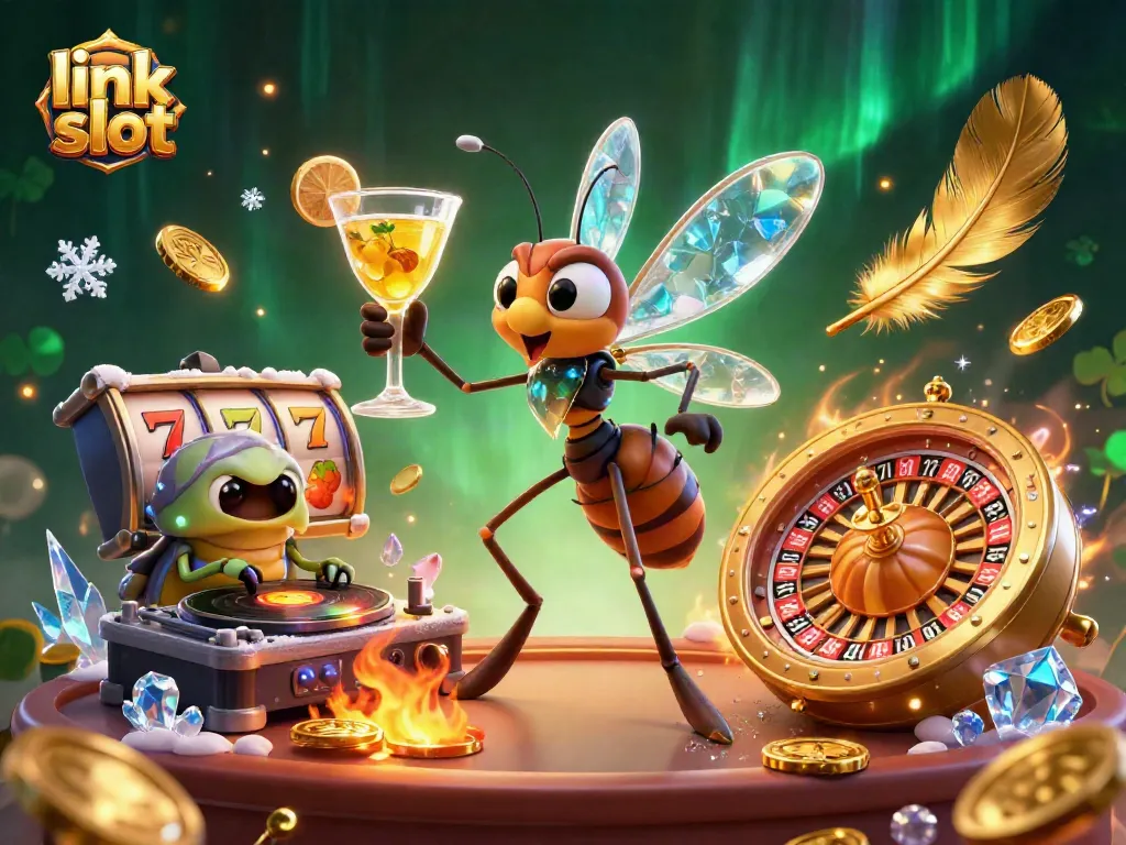 Experience the thrill of link slot games with a vibrant 3D illustration of casino mascots and elements.