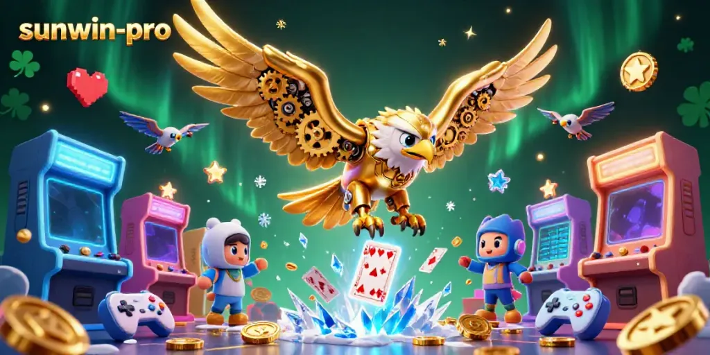 Experience exciting gameplay with sunwin-pro, illustrated by a golden eagle amid holographic playing cards and arcade elements.