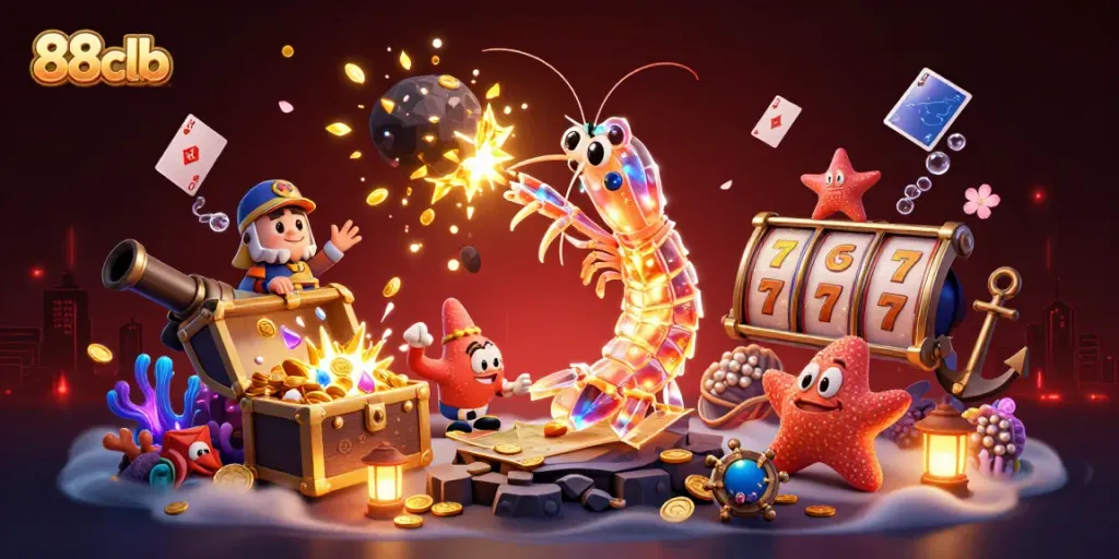 Engage with 88clb's vibrant slots scene featuring a galactic mantis shrimp, bursting with gems and coins.
