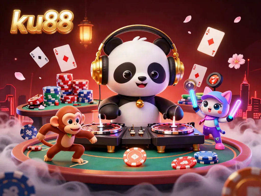 ku88 showcases an energetic casino scene with a DJ panda, vibrant poker elements, and dynamic characters.