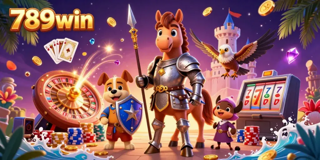 Winning at 789win with a knight, squire, and falcon amidst vibrant casino elements.