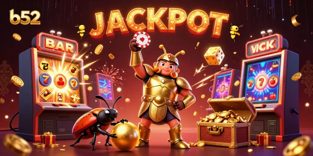 Experience the thrilling b52 casino world with colorful characters, dynamic gaming elements, and jackpot excitement in this vibrant illustration.