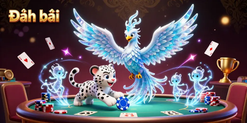 Engage in Đánh bài with a vibrant scene featuring an ice phoenix, poker elements, and dynamic energy.