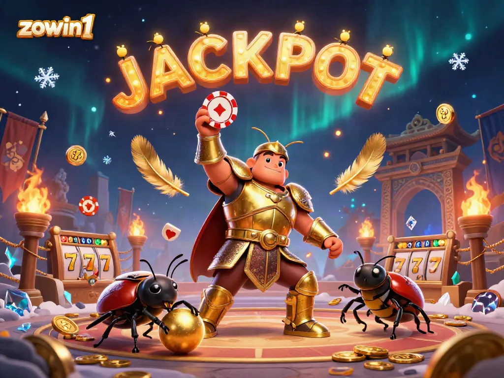 Experience the thrill of zowin1 with a victorious hercules beetle, celebrating a jackpot amidst a dynamic gaming arena.