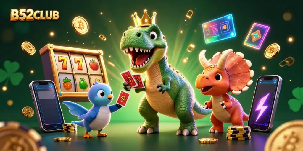 Engage with B52CLUB in a dynamic 3D illustration featuring a T-Rex shuffling cards and stacking chips.