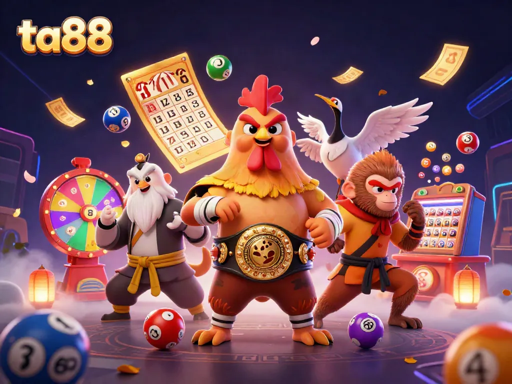 Experience thrilling gameplay with ta88, featuring 3D characters and colorful lottery elements in a vibrant casino setting.