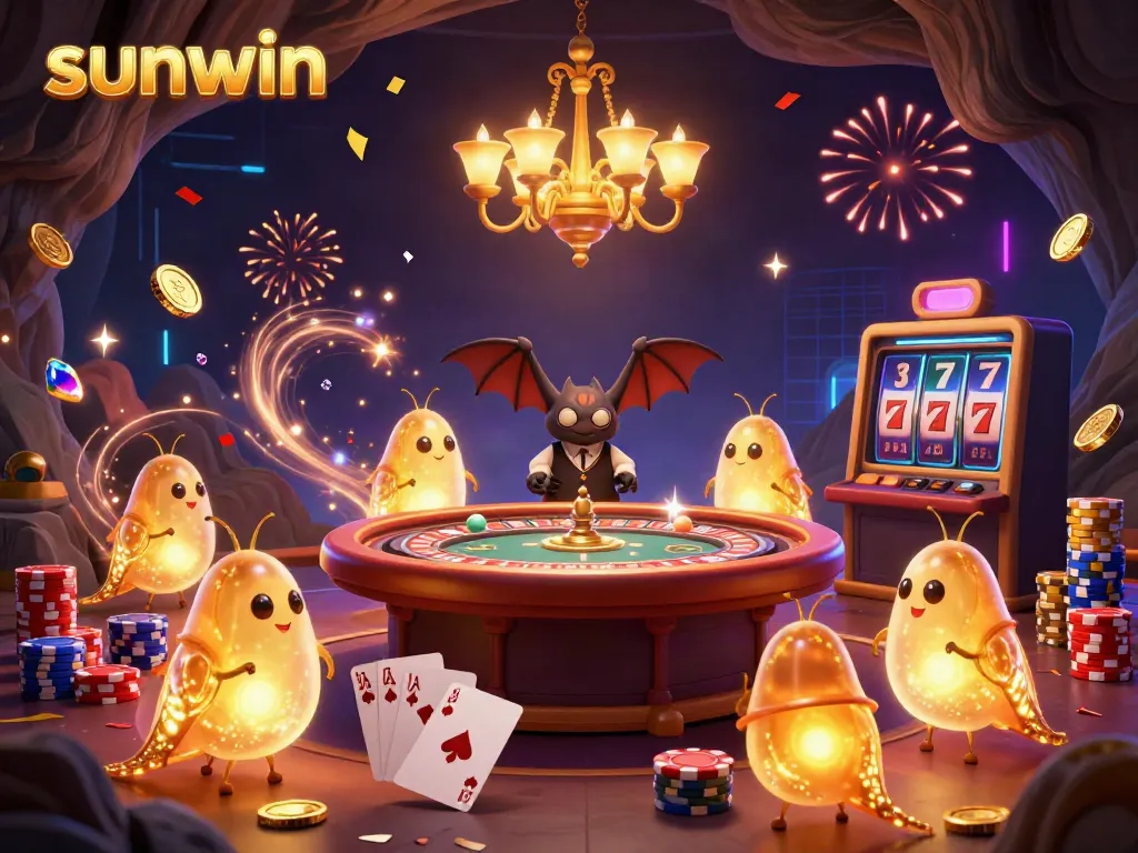 Experience the excitement of sunwin with glowworms illuminating a vibrant casino scene, featuring a bat dealer.