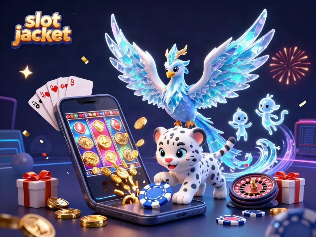 Experience the slot jackpot excitement with an ice phoenix and lively characters in a vibrant casino scene.
