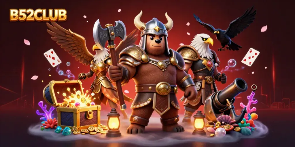 B52CLUB brings excitement with a Viking bear, Valkyrie eagle, and treasure, showcasing thrilling gameplay.