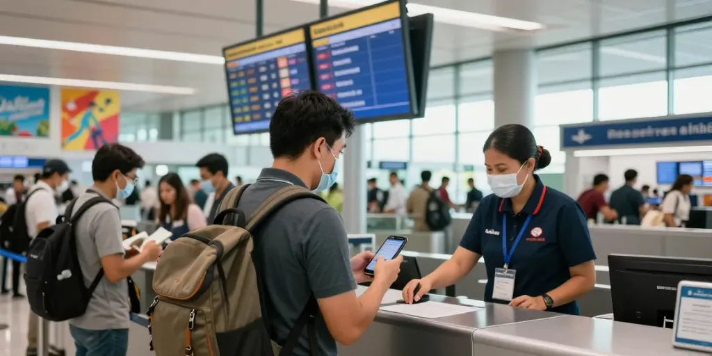 Traveler checking in for Garuda 404 flight at airport terminal, capturing lively travel atmosphere.