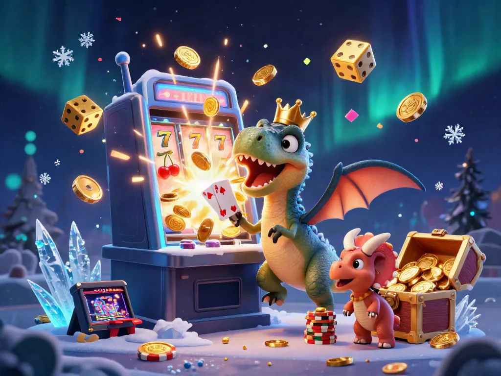 Engage in the excitement of TX88 as a T-Rex shuffles cards, surrounded by a vibrant casino environment.