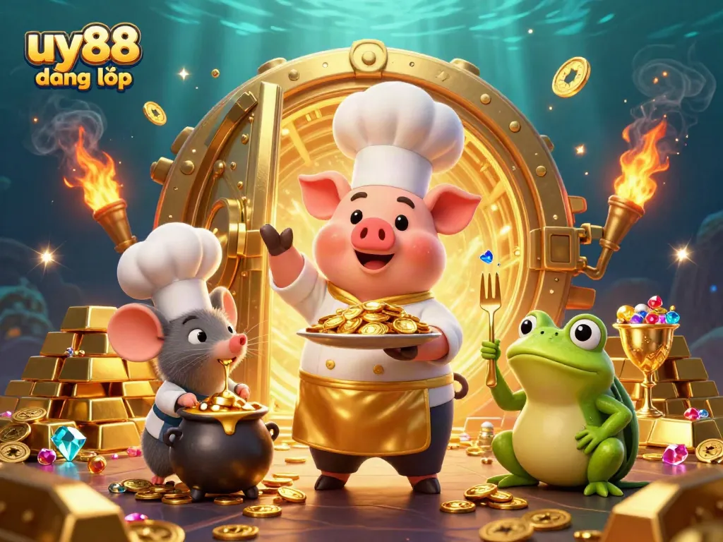 Experience excitement with uy88 đăng nhập, featuring chef pig serving gold coins in a lively casino scene.