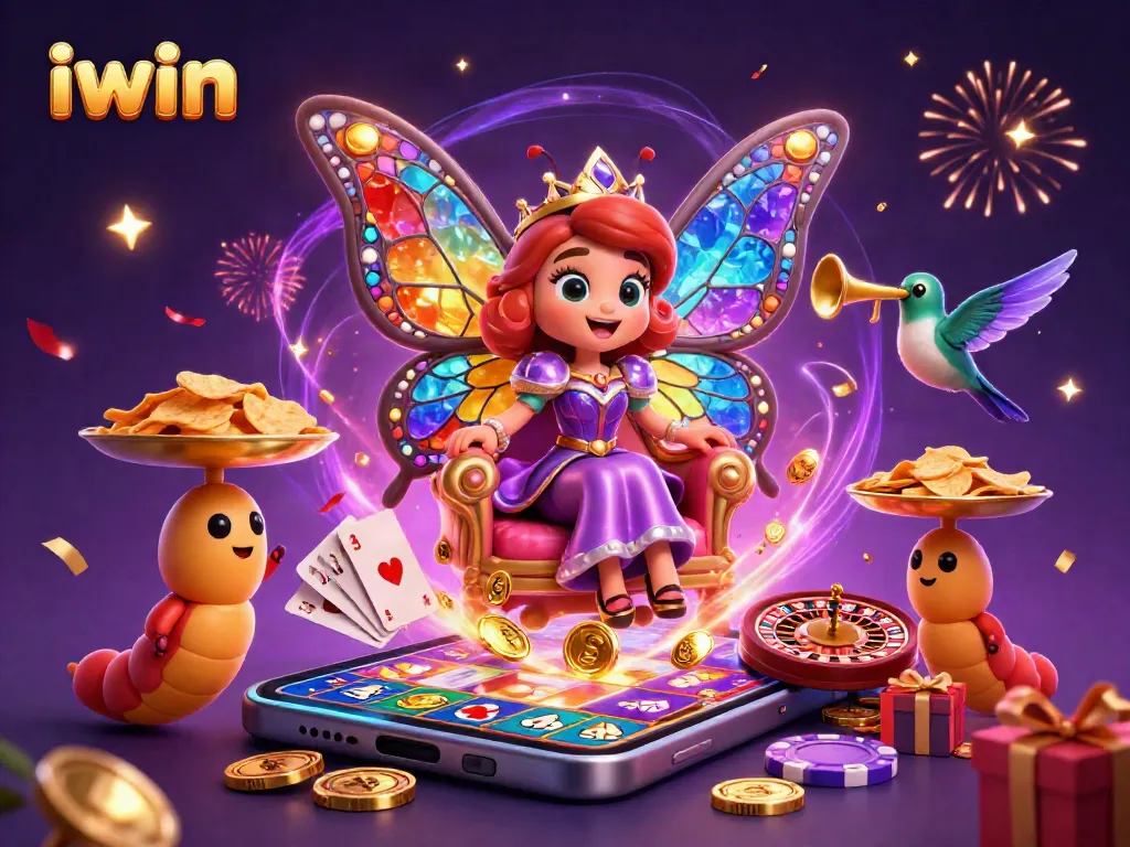 Engage with iwin's vibrant 3D scene featuring a butterfly queen amidst casino-themed elements, celebrating wins.