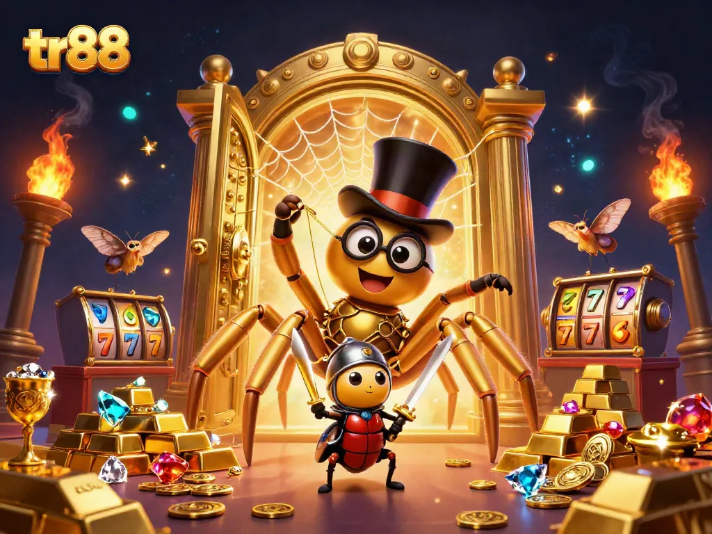 Play thrilling slots with tr88 as a golden tarantula weaves wonders in a magical casino.