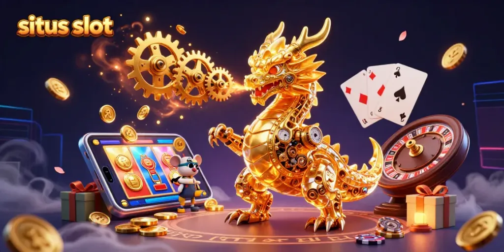 Situs slot illustration depicting a golden dragon surrounded by dynamic 3D casino elements for players.