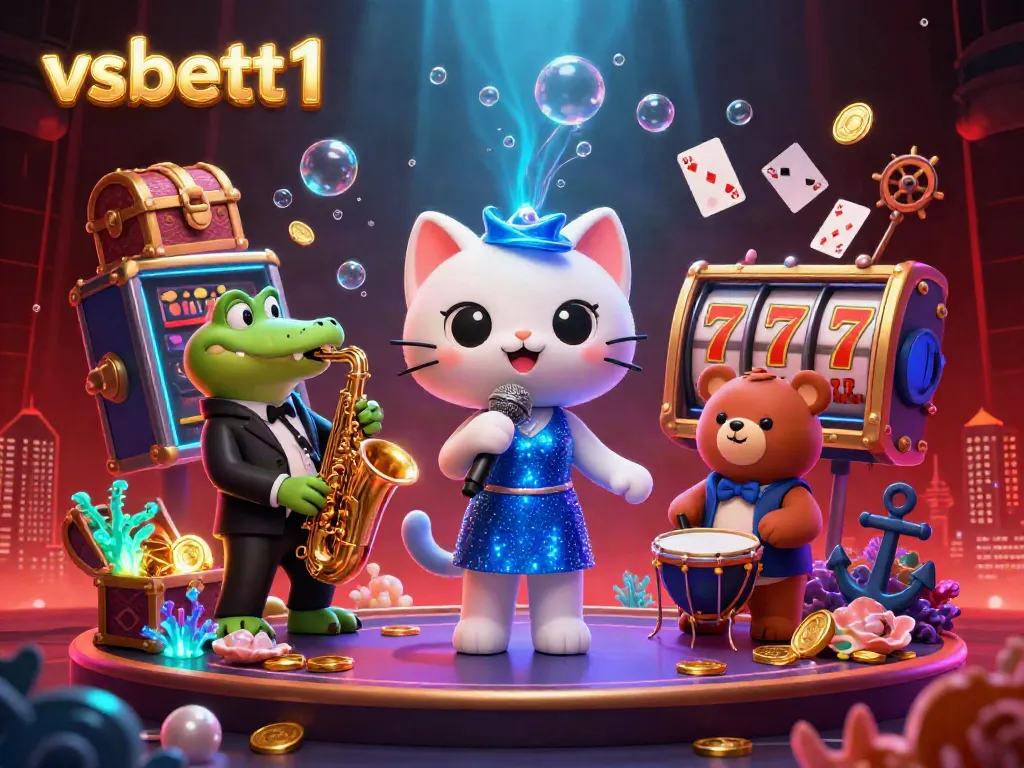 Experience the vibrant atmosphere of vsbett1 with a cartoon jazz-singer cat and gambling elements on stage.