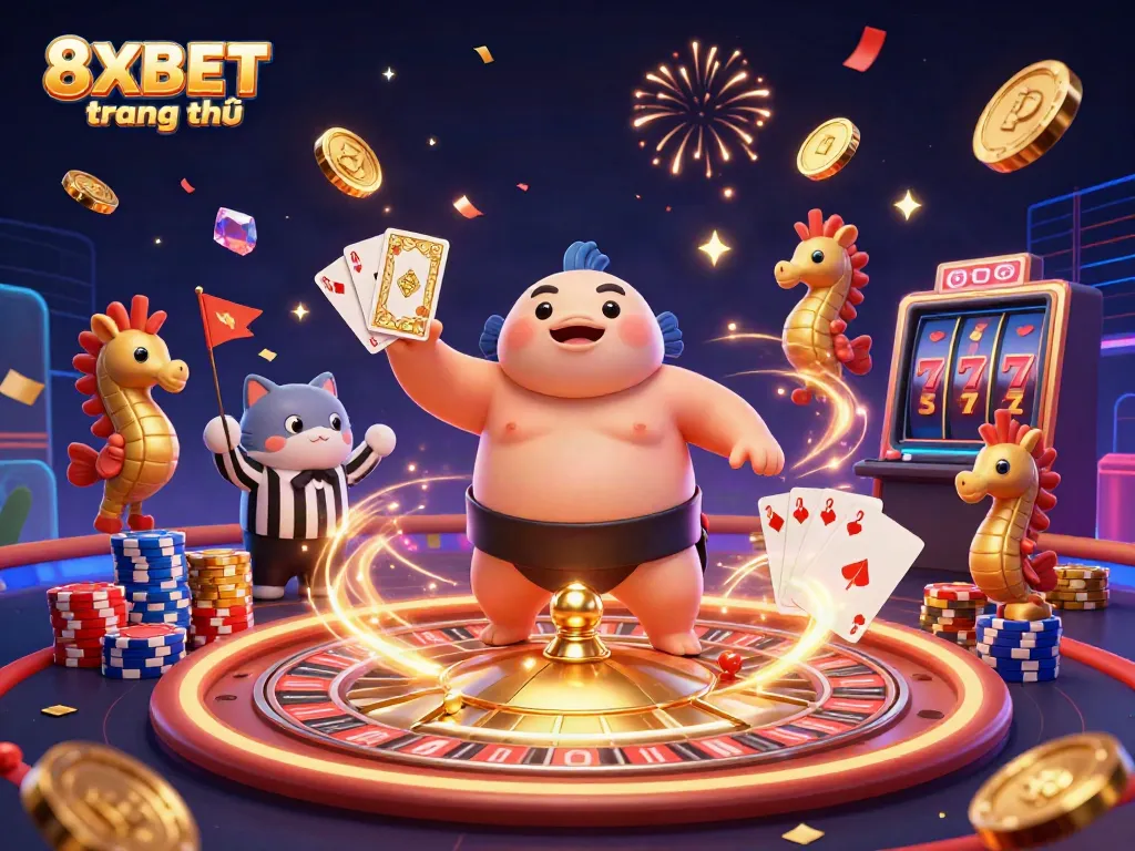 Experience the excitement at 8XBET trang chủ with a lively underwater casino scene featuring a sumo fugu and catfish referee.