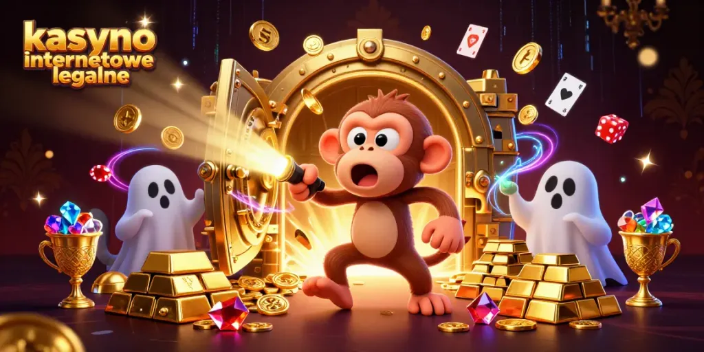 Engaging scene of kasyno internetowe legalne with a playful poltergeist monkey and a puppy hunter amidst golden treasures.