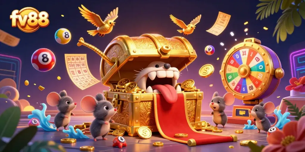 Engage with fv88's vibrant lottery theme featuring a treasure chest and dynamic game elements.