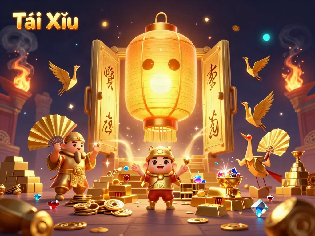 Experience Tài Xỉu in a vibrant casino scene with golden lantern spirits, treasure, and lucky symbols.
