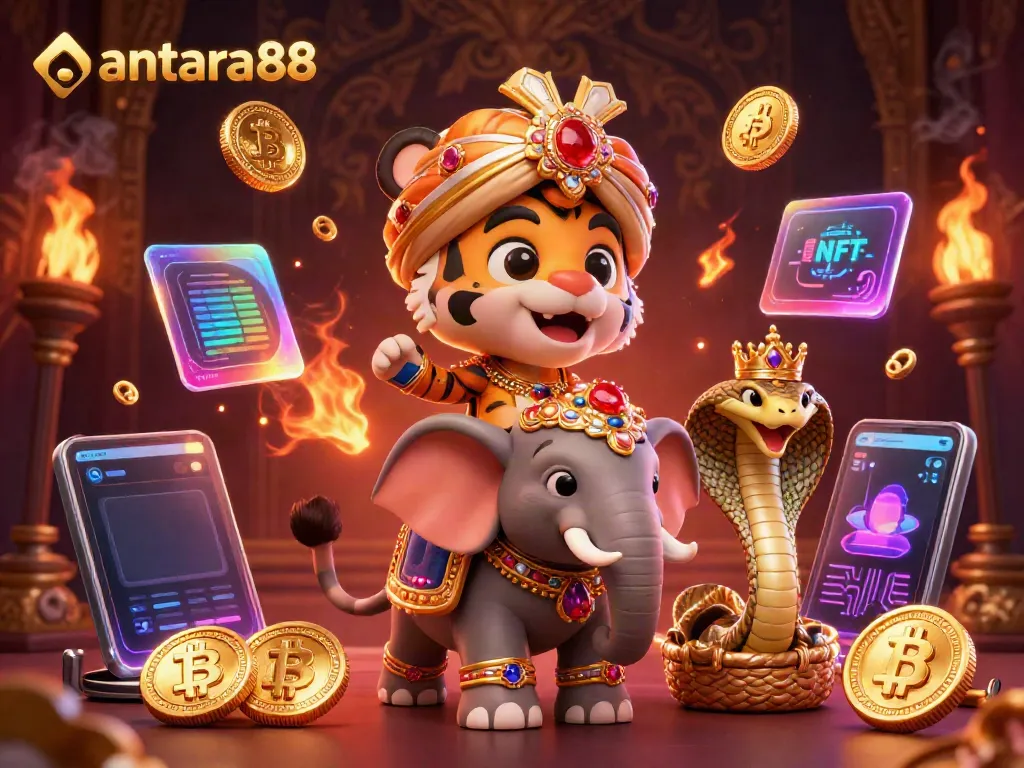 Experience the vibrant world of antara88 with a maharaja riding an elephant amidst animated crypto elements.