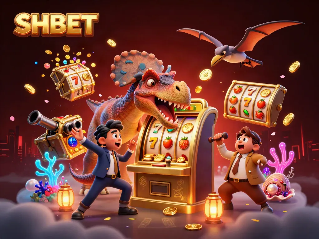 SHBET jackpot celebration scene with dinosaurs, slot machines, and flying coins.
