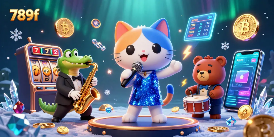 Play exciting games at 789f casino with vibrant characters and glowing crypto elements.