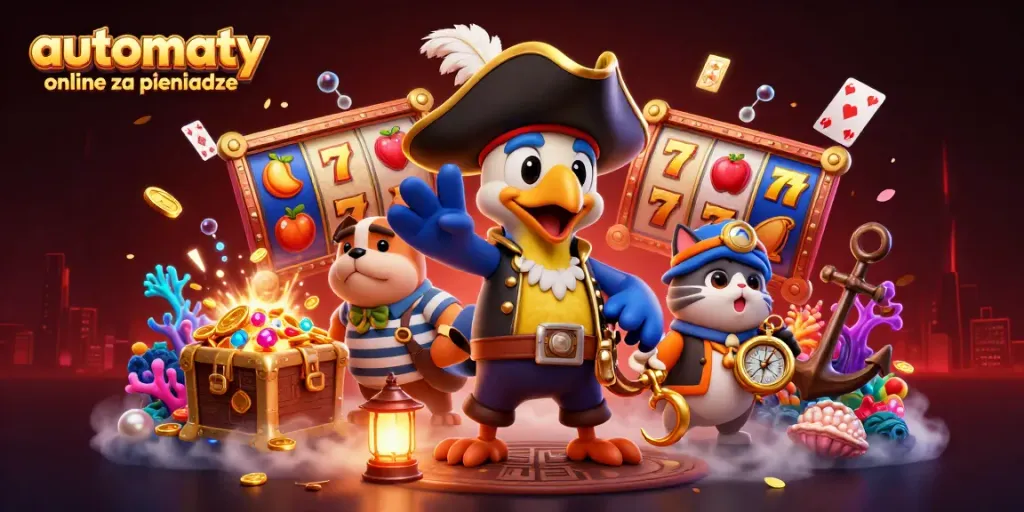Experience the thrill of automaty online za pieniadze with vibrant 3D cartoon characters amid glowing slot reels and treasure.