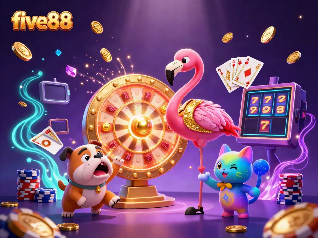 Engage in the excitement of five88's casino games with vibrant visuals of winning moments and characters.