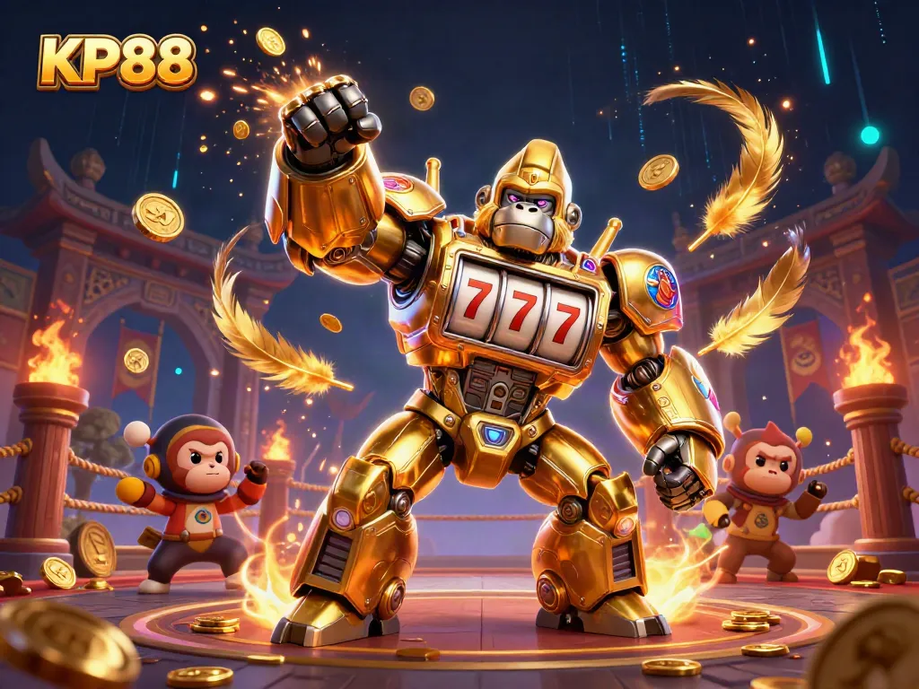 Experience thrilling gameplay at KP88 with a golden gorilla mech bursting with coins in an exciting casino setting.