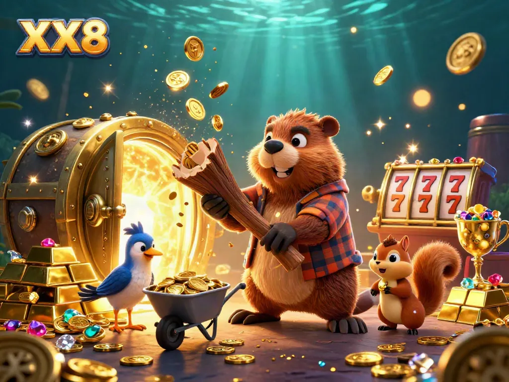 Join the fun with XX8 as the beaver and friends collect golden coins in a lively casino scene.