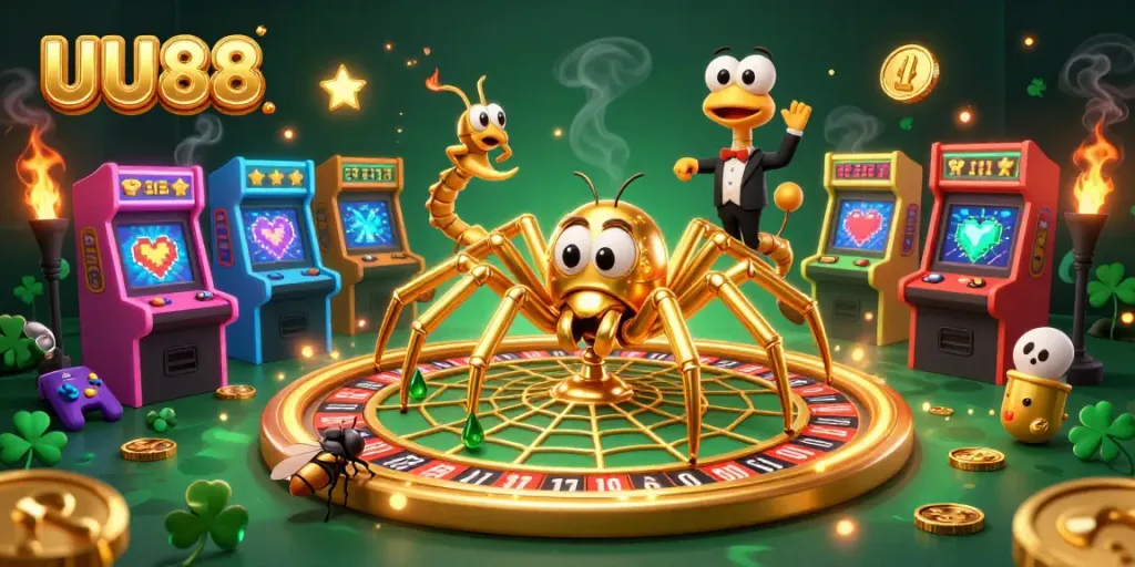 Experience the thrill of UU88 with a golden roulette web, lively gaming elements, and intense atmosphere.