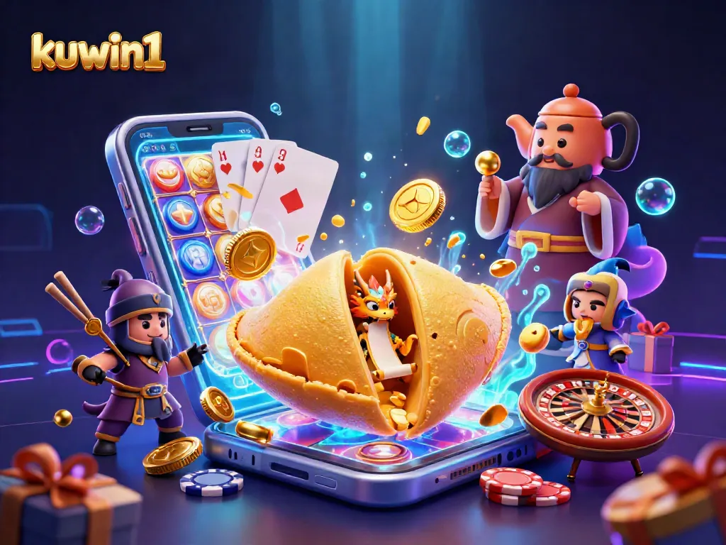 Kuwin1 reveals winning fortunes through a vibrant 3D casino illustration featuring golden games and mythical characters.