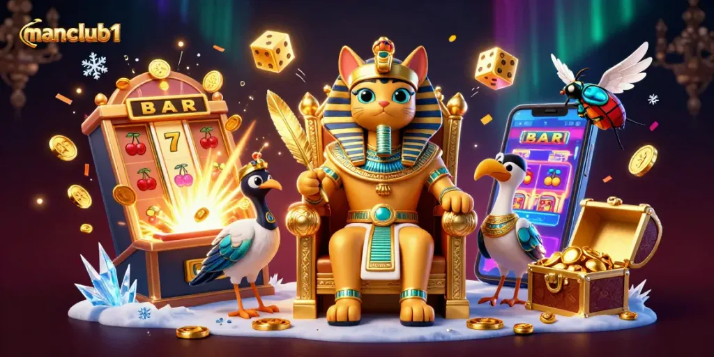Engage with thrilling slots at manclub1, featuring a pharaoh cat, jackpots, and vibrant casino action.