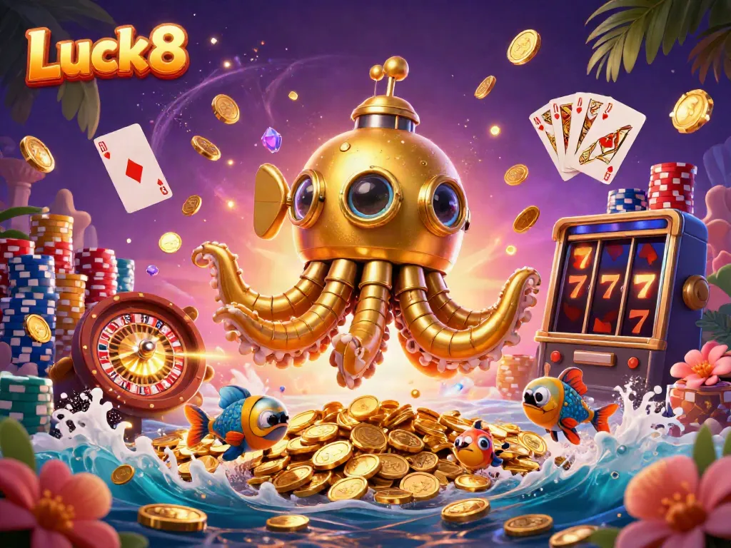 Luck8's golden kraken submarine emerges from coins, showcasing thrilling casino games and slots.