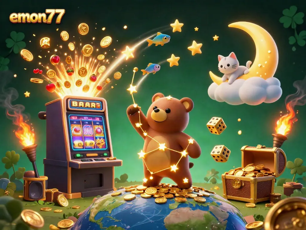 Experience winning moments at emon77 with vibrant slots and captivating characters in a dynamic casino scene.