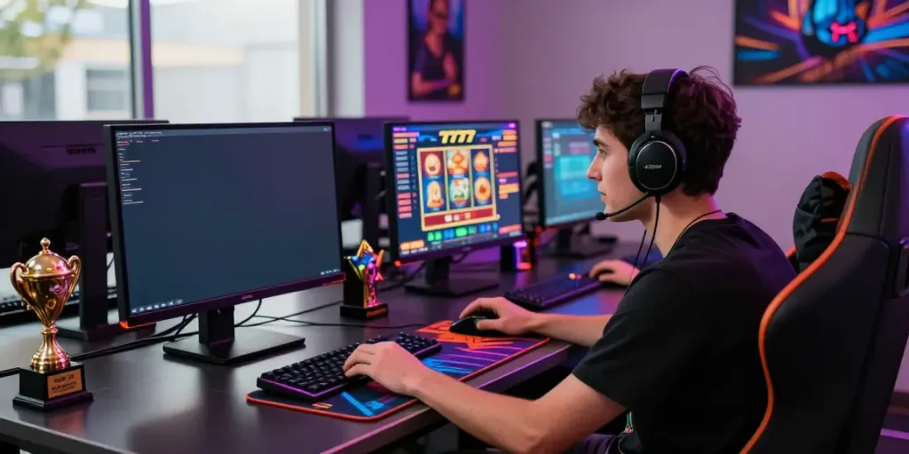 Exciting online gaming setup with slot777 interface, player focused on vibrant laptop screen.