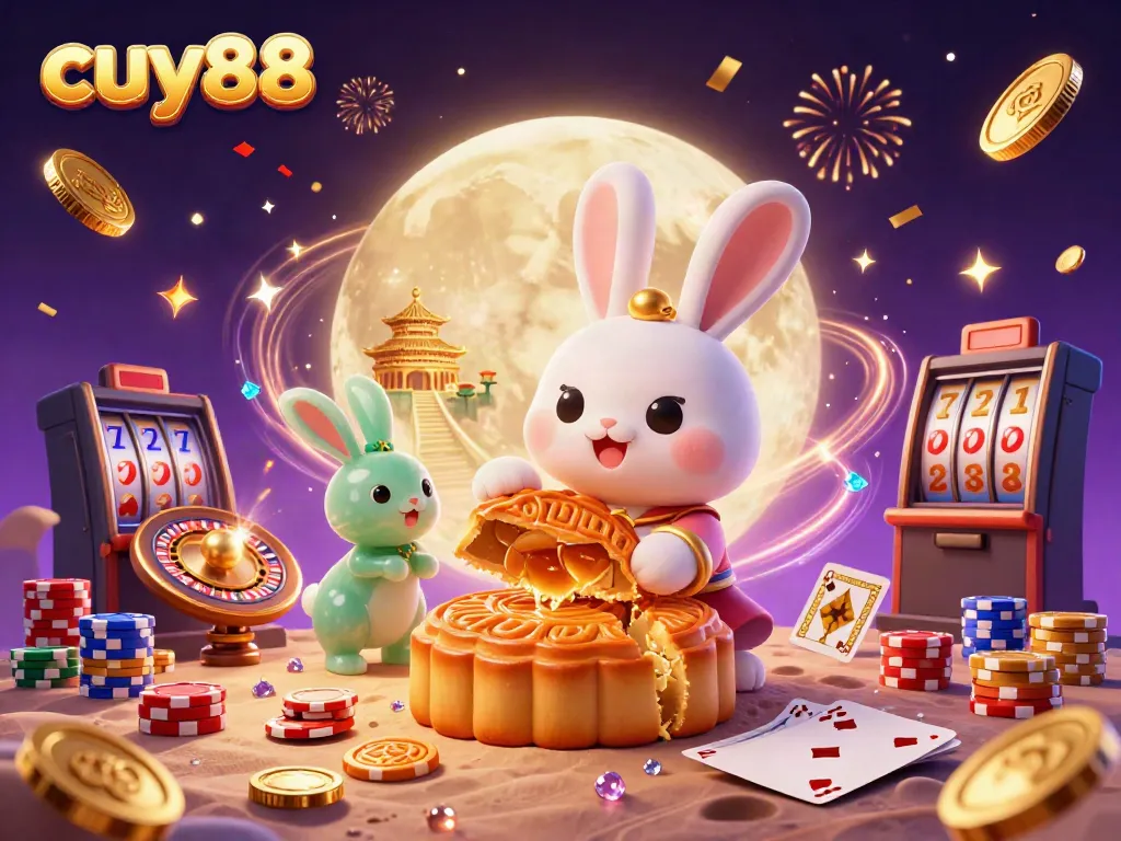 Experience thrilling gaming with cuy88 featuring a magical moon rabbit and casino elements