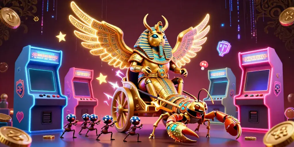 Engage with keo nha cai in this dynamic scene featuring a golden scarab beetle and scorpions amidst casino elements.