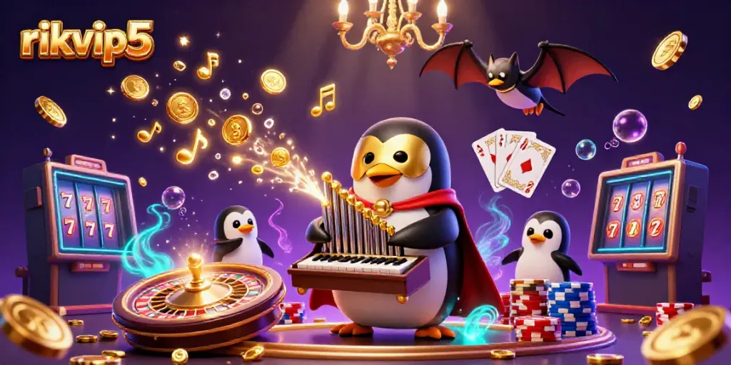Experience the excitement of rikvip5 with a captivating scene of a penguin organist showering golden coins amidst vibrant casino elements.