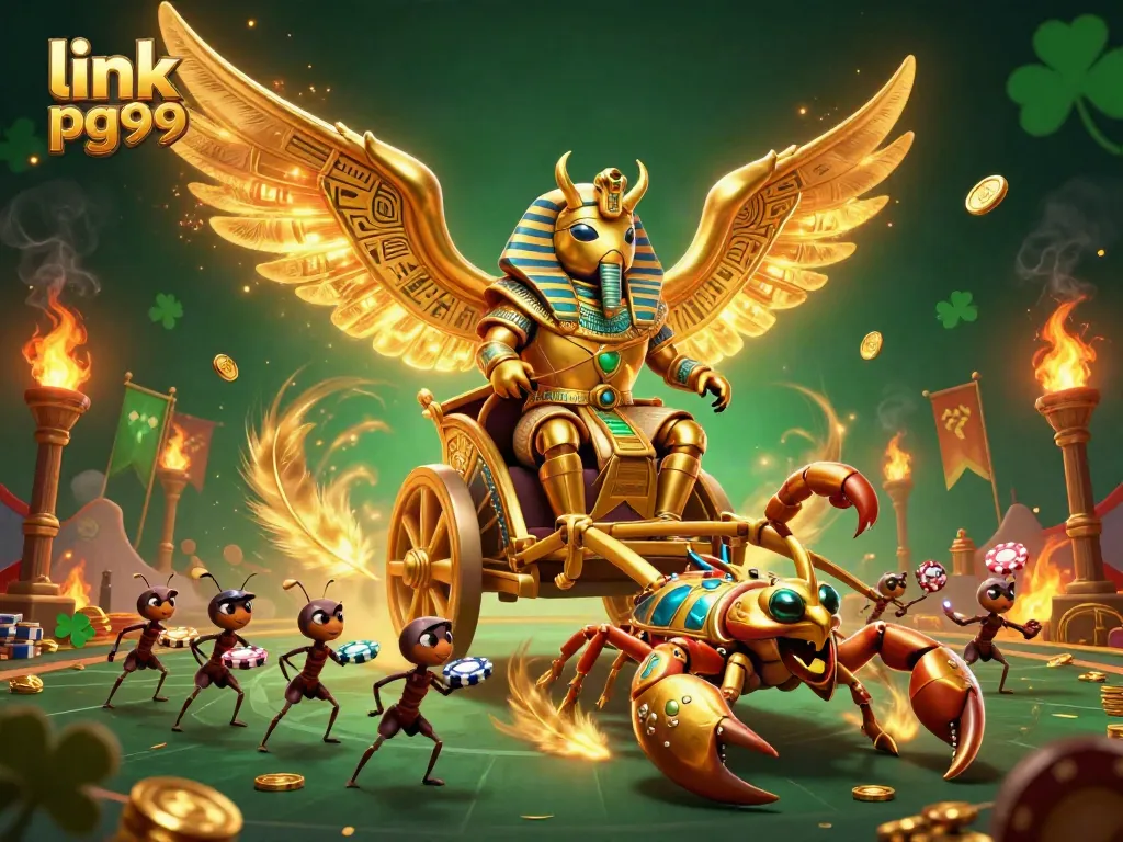 Experience thrilling gameplay at link pg99, featuring a majestic scarab beetle, scorpions, and poker chips in a dynamic casino scene.