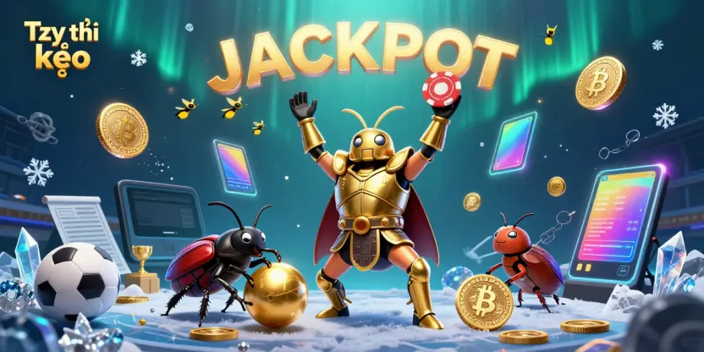 Engaging scene showcasing Tỷ lệ kèo as a vibrant 3D illustration of a heroic beetle celebrating a win with sports and crypto elements.
