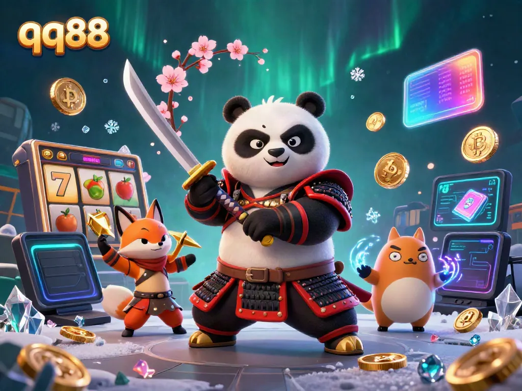 Engage in thrilling gameplay with qq88's immersive online casino featuring a samurai panda, fox ninja, and magical elements.